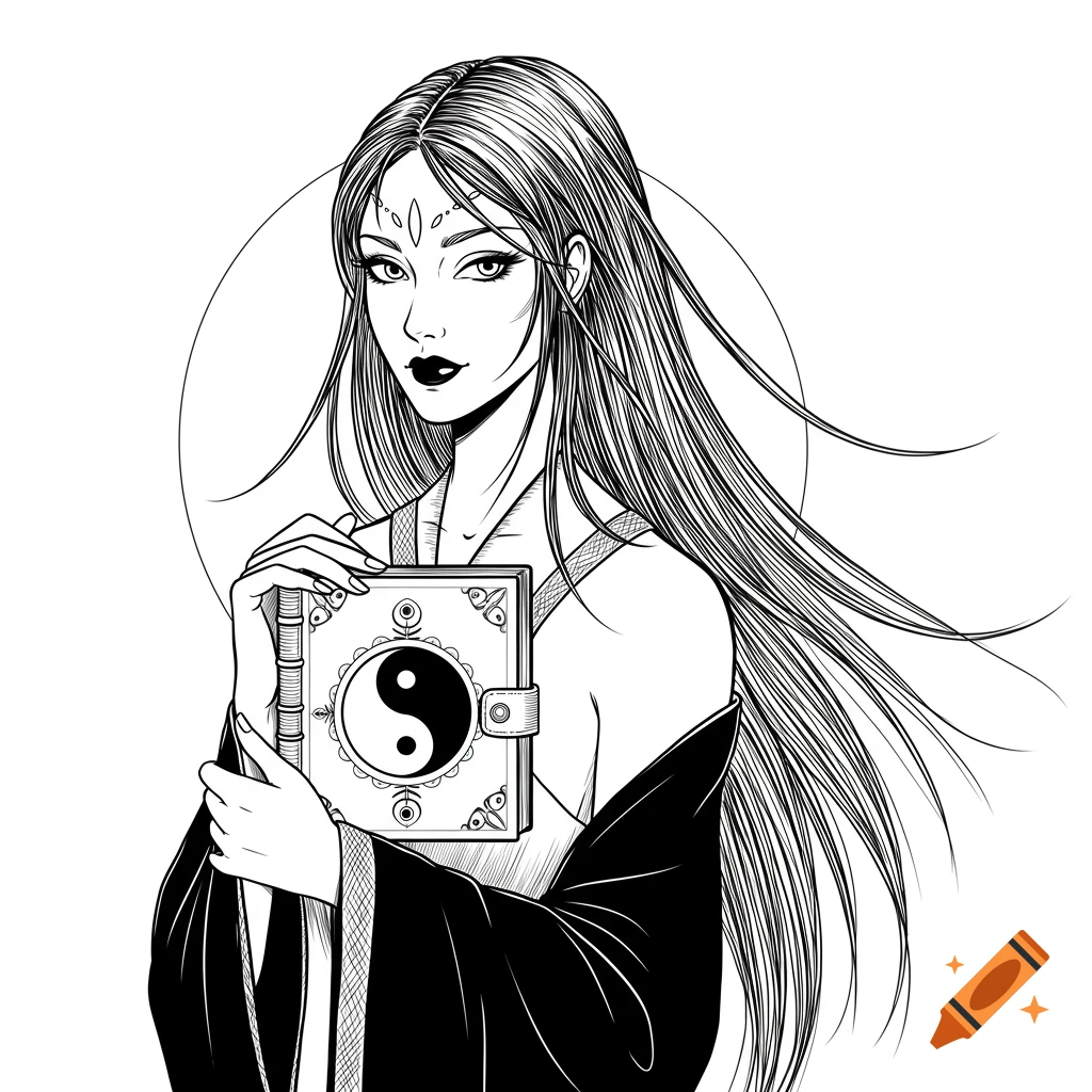 A black and white line art illustration of a mystical woman with long hair holding a book with a yin yang symbol.