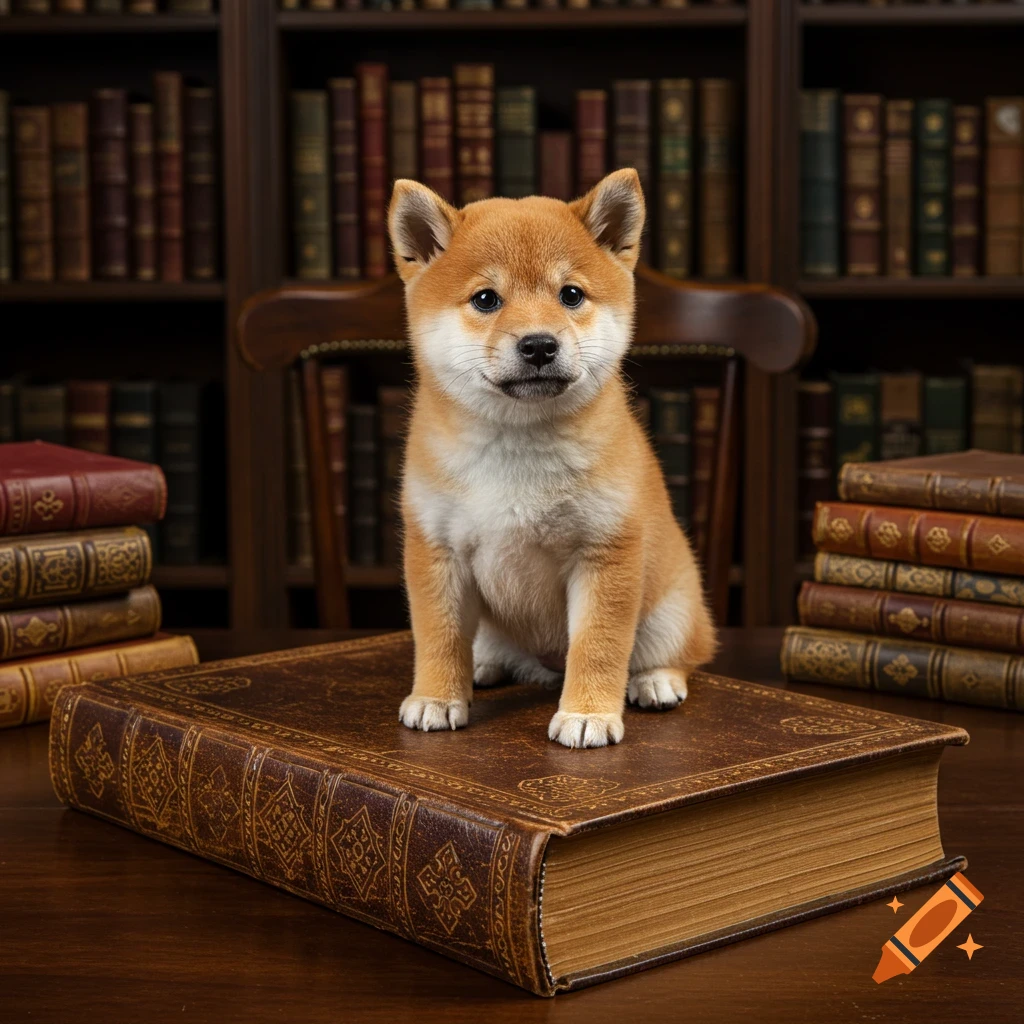 A cute Shiba Inu puppy sits on a large, ornate leather-bound book in a library.
