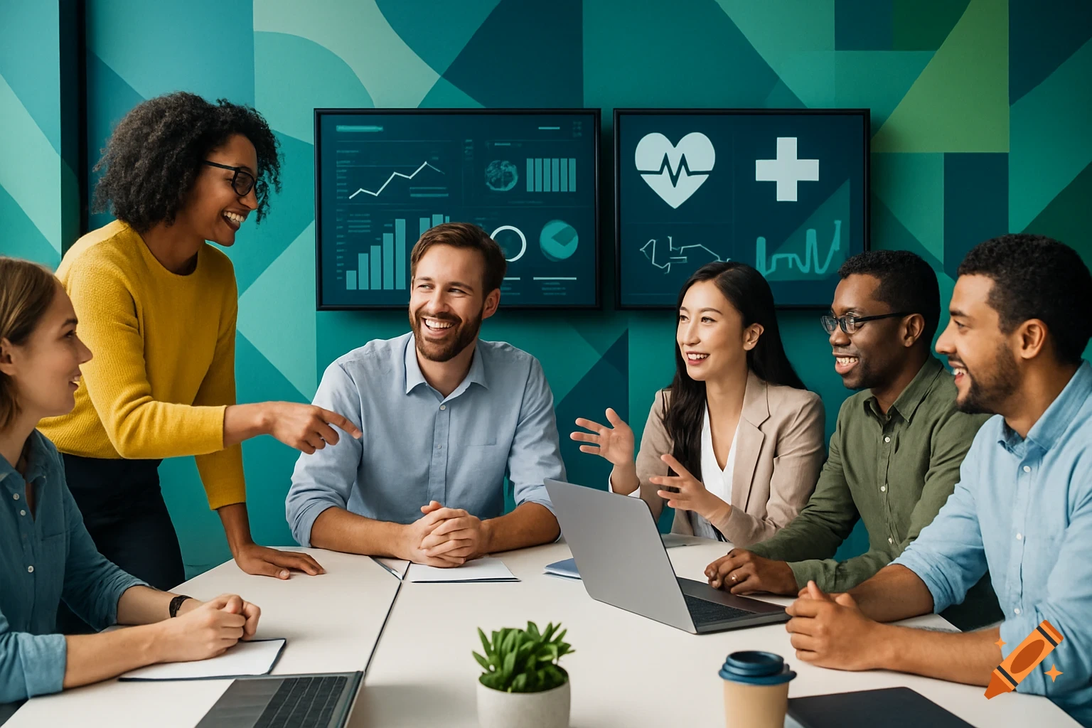 Diverse business team collaborating at a conference table with screens displaying data and medical icons.