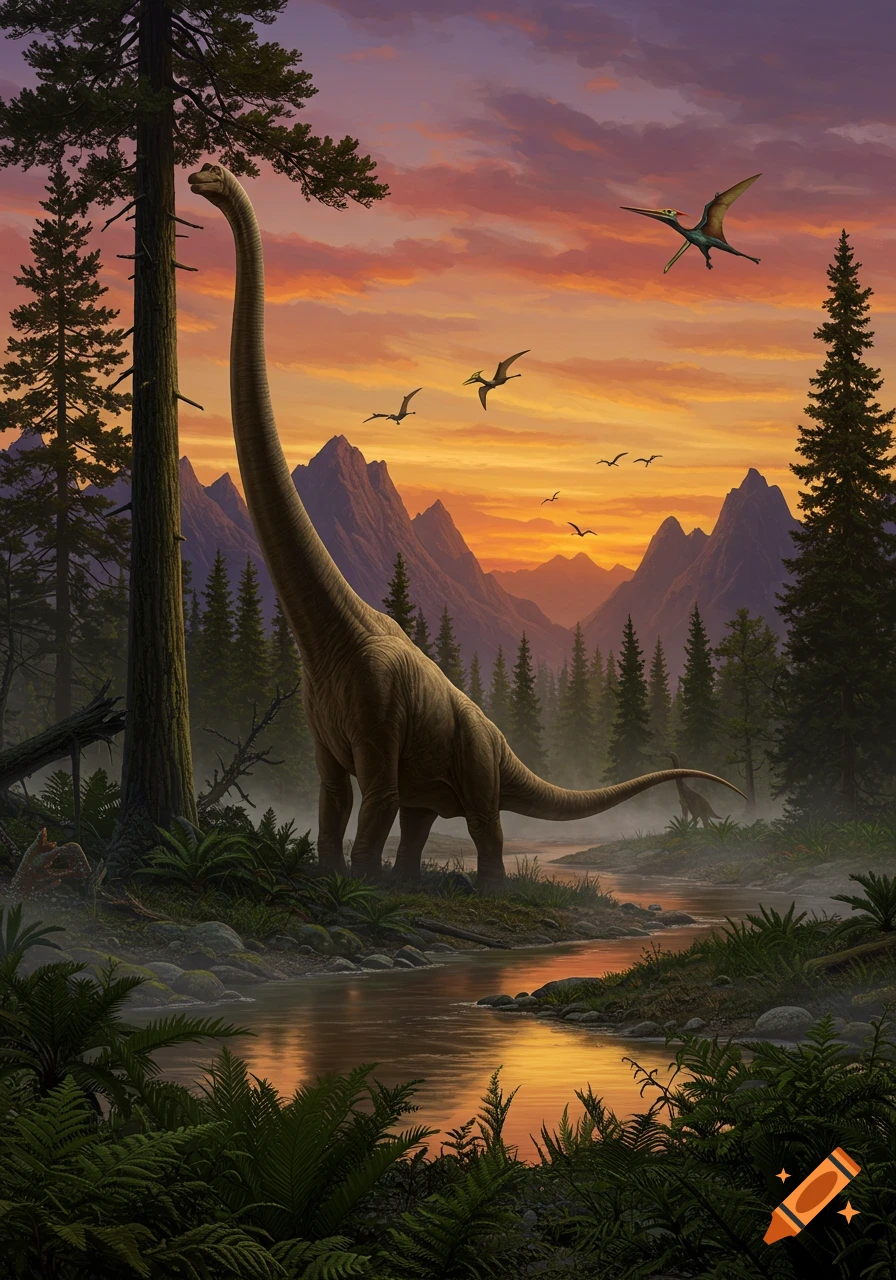 A Brachiosaurus stands by a river at sunset, with mountains and pine trees in the background and Pterodactyls flying in the sky.
