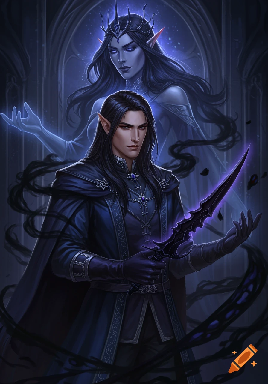 A dark fantasy portrait of a long-haired male noble with a shadowy dagger and a ghostly elf queen behind him.