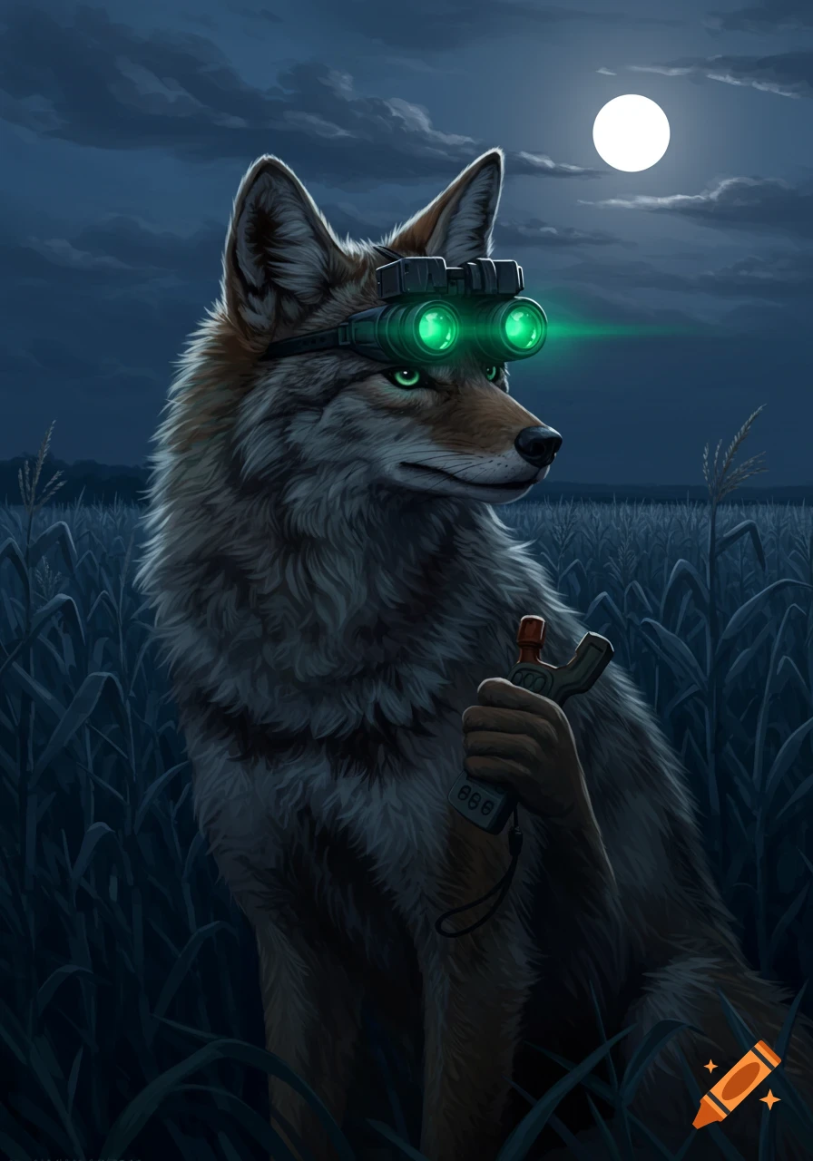 A shaggy coyote wearing glowing green night vision goggles stands in a dark cornfield under a full moon, holding a slingshot.