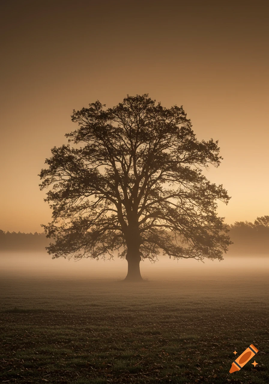 A large, silhouetted oak tree stands alone in a misty field, illuminated by a warm, golden-brown light during sunrise or sunset.