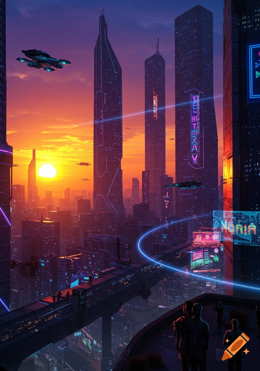 A vibrant, futuristic city skyline at sunset with towering skyscrapers, flying vehicles, and neon lights.