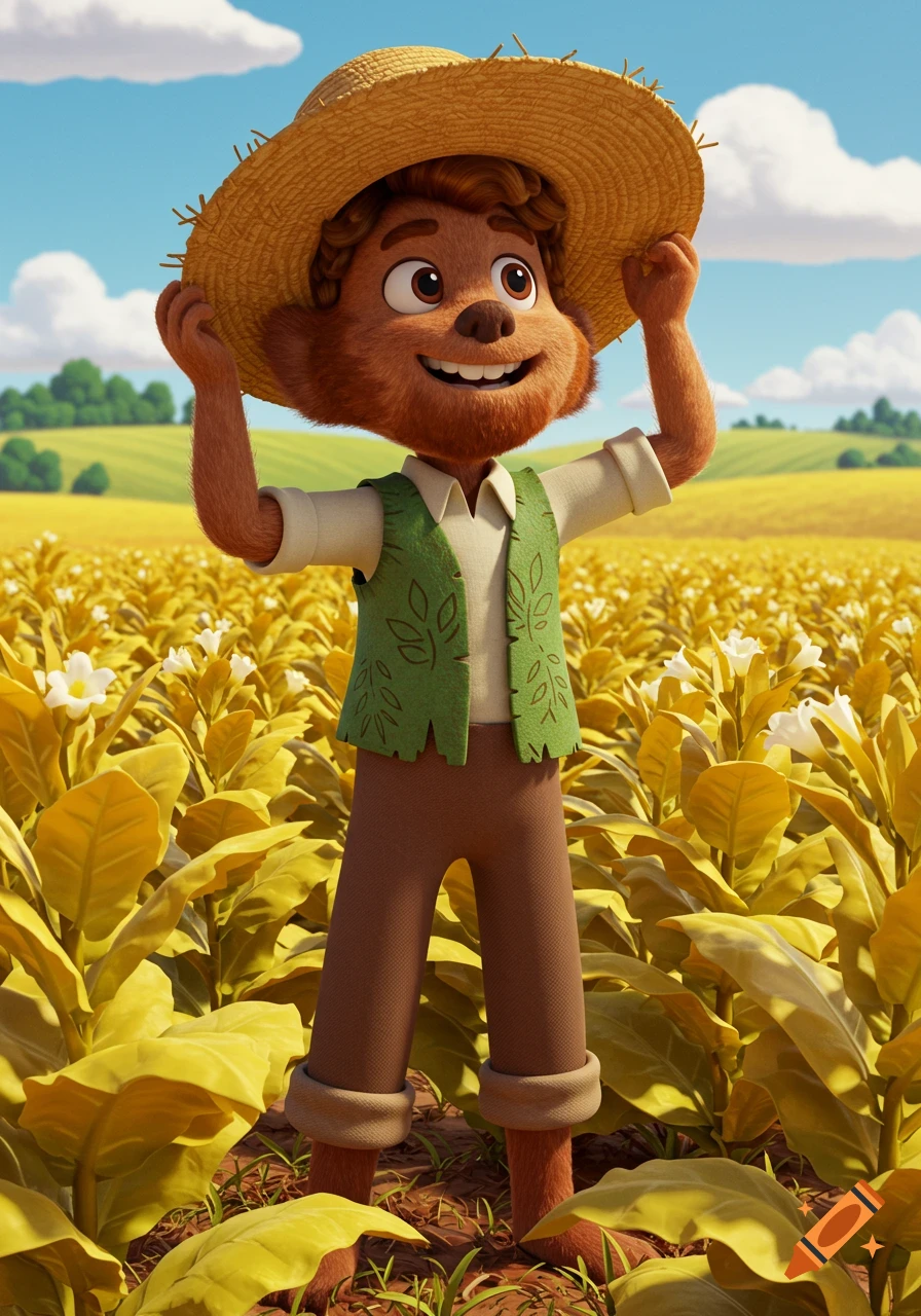 A cartoon beaver-like character in a straw hat and green vest stands smiling in a field of yellow tobacco plants.