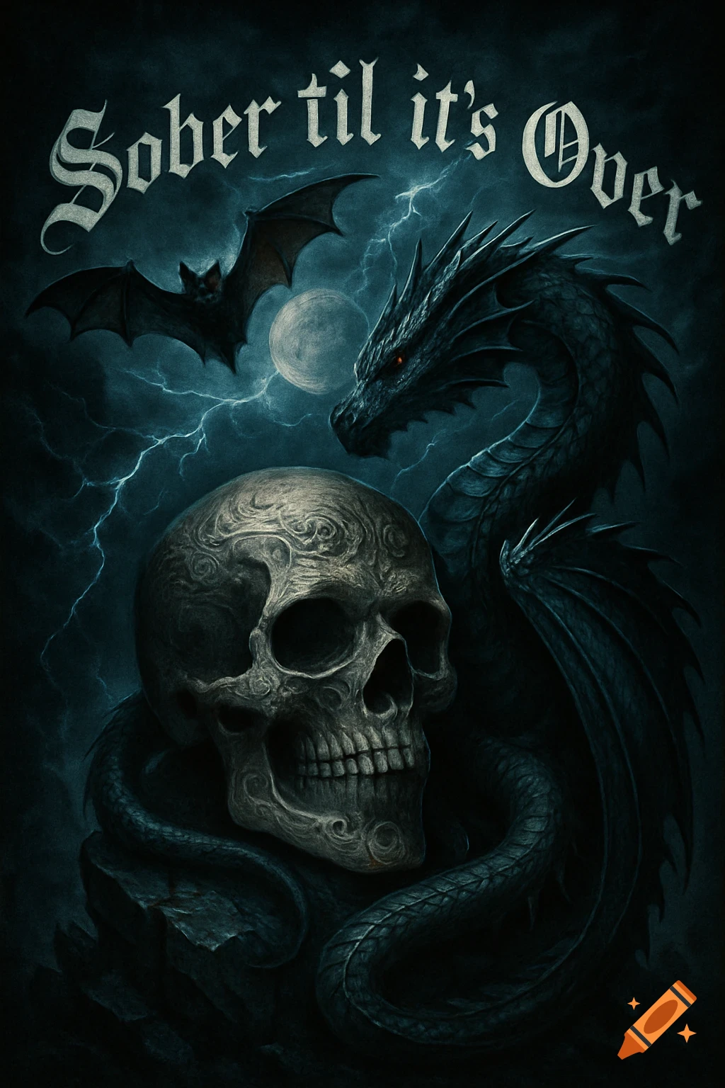 A gothic fantasy image featuring a skull entwined by a dragon, a bat flying, and lightning in the sky. Text reads 'Sober til it's Over'.
