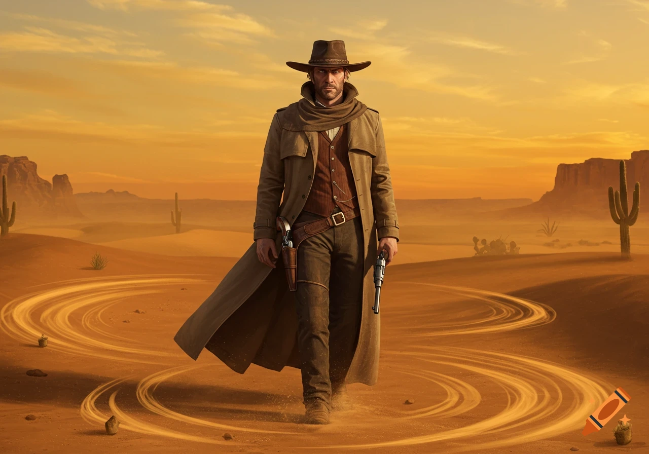 A lone gunslinger in a duster coat walks through a desert at sunset with swirling dust.