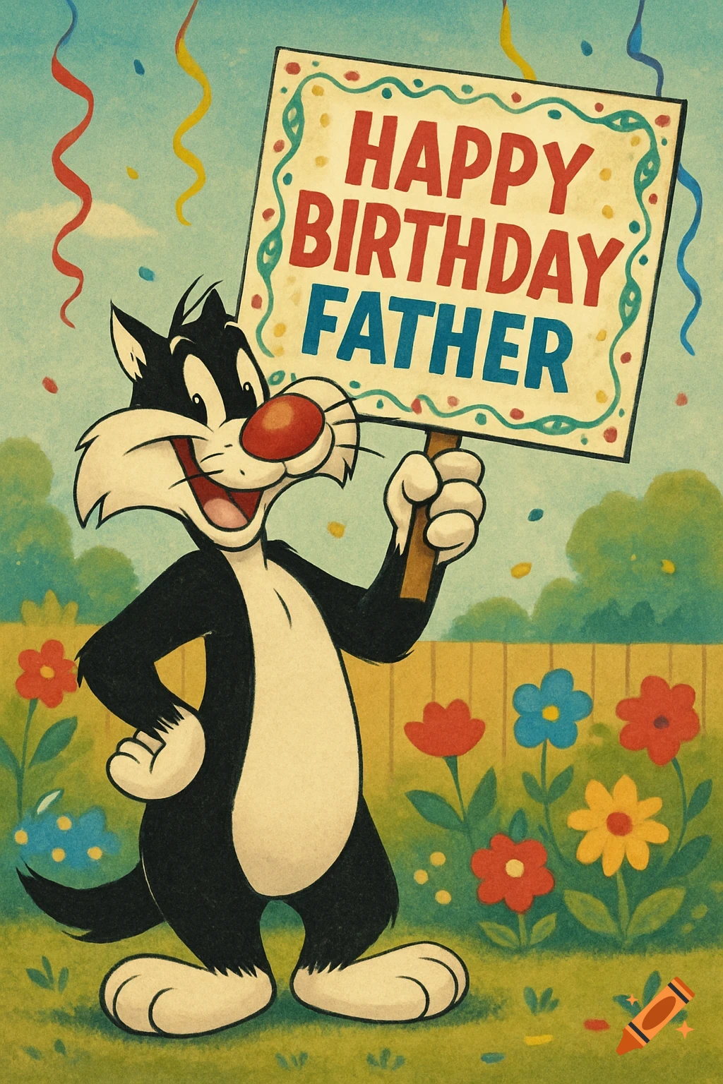 Sylvester the Cat holds a sign reading 'Happy Birthday Father' in a vibrant cartoon garden with confetti.