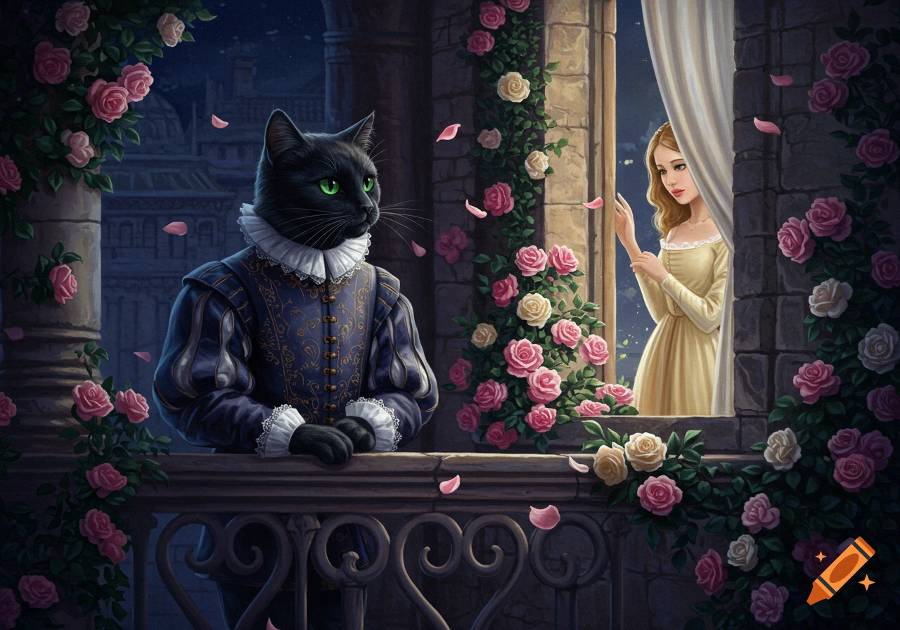 An anthropomorphic black cat in a period costume stands on a rose-covered balcony, looking towards a woman in a yellow dress at a window.