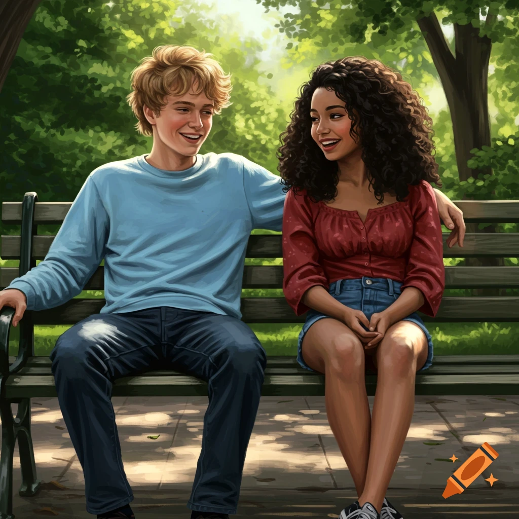 A digitally painted image of a young blonde man and a young woman with curly dark hair sitting on a park bench, smiling at each other.
