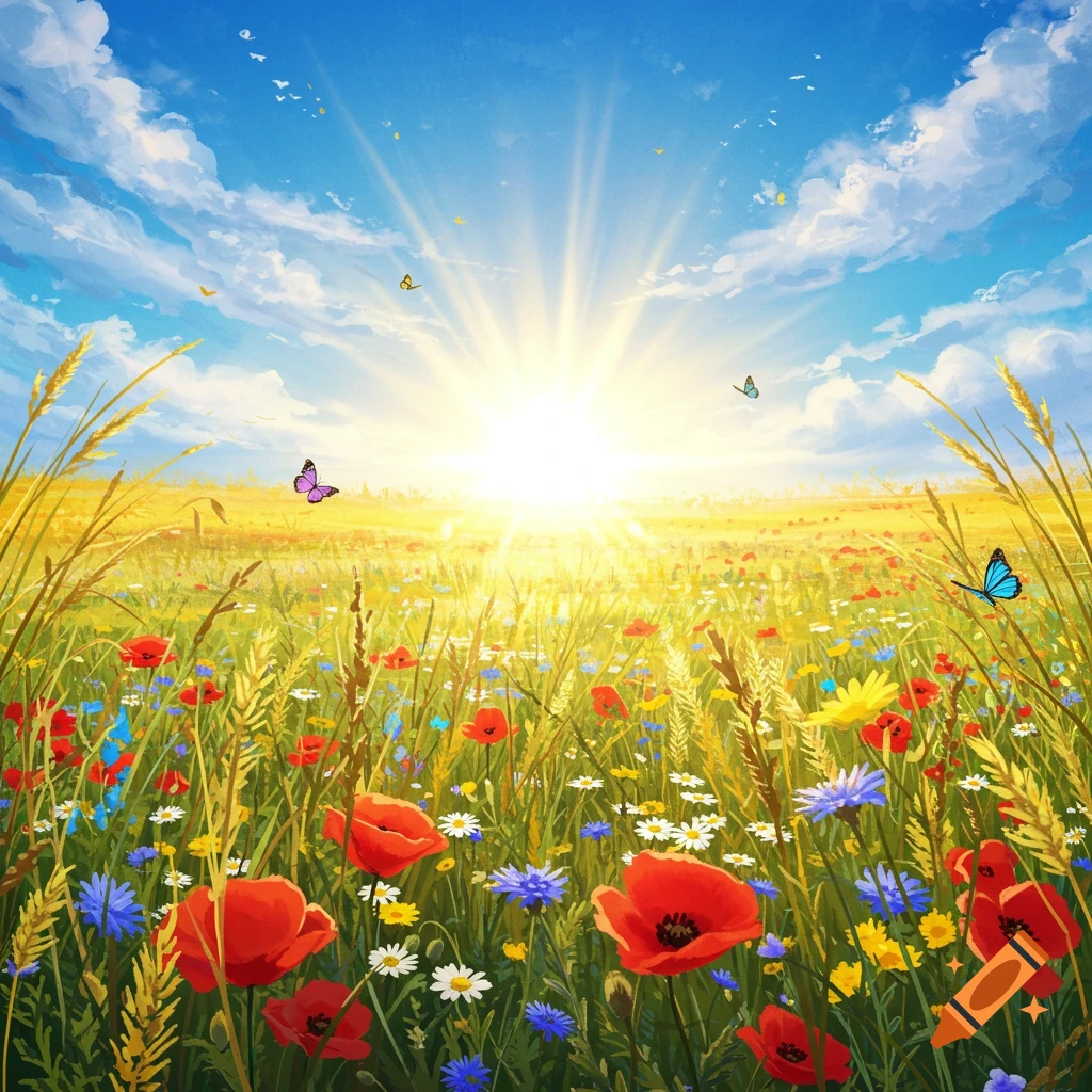 A vibrant field of red poppies, blue cornflowers, and yellow wildflowers under a bright blue sky with a beaming sun and butterflies.