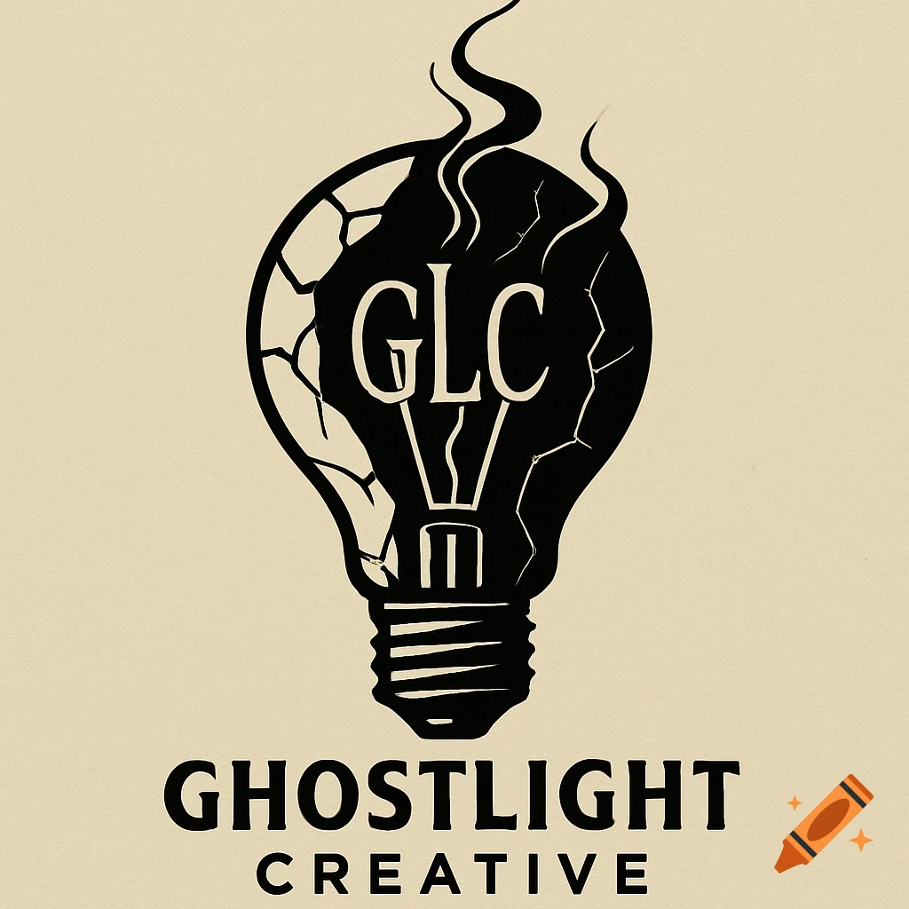 A black art deco logo featuring a cracked lightbulb with GLC as its filament, smoke rising above it. Below, the text "GHOSTLIGHT CREATIVE" is displayed.