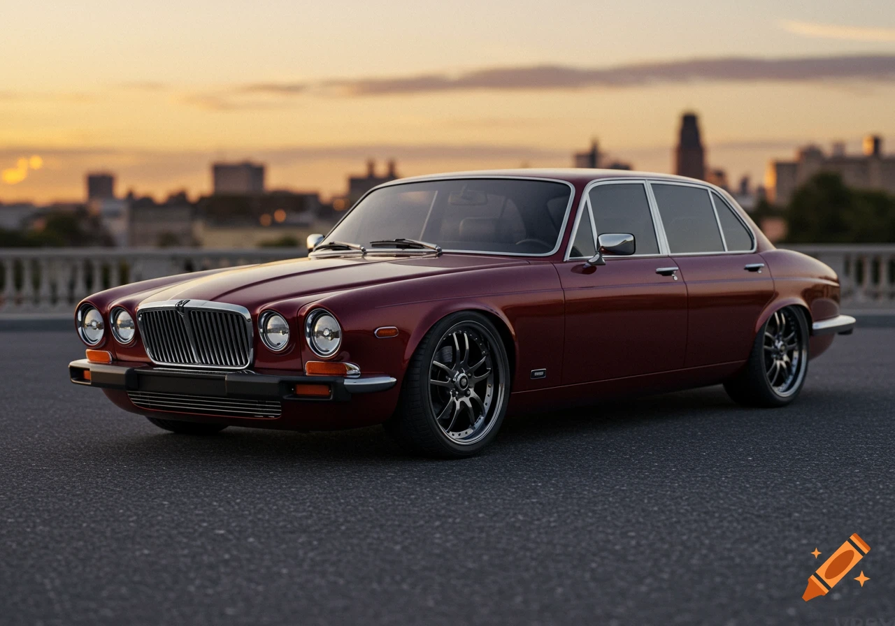 A burgundy 1975 Jaguar XJ6 Series 2 with deep dish wheels and blacked out chrome, parked on asphalt at sunset with a city skyline in the background.