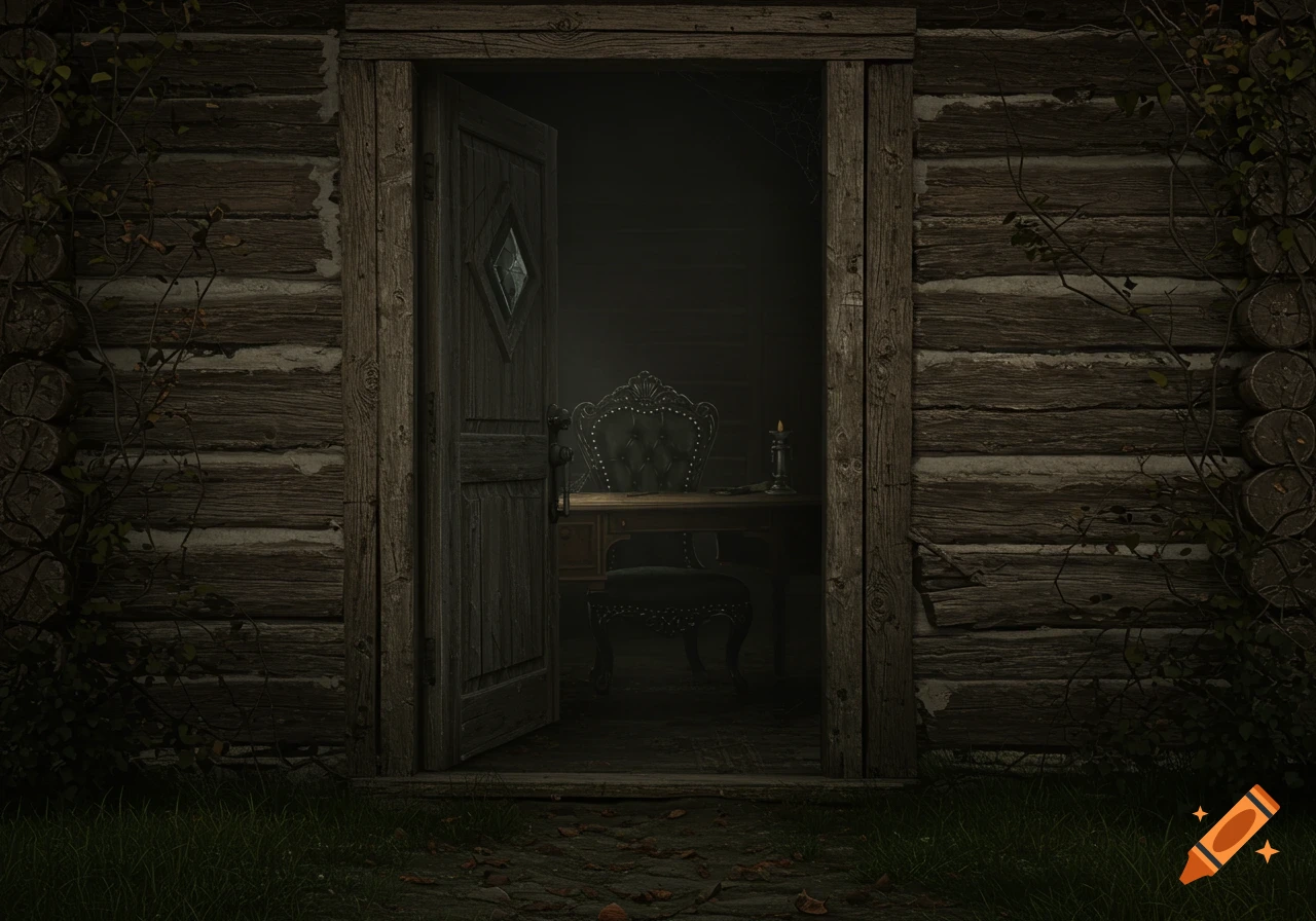 A dark, eerie room seen through an open door of a rustic log cabin. Inside is a desk, an ornate chair, and a candle.