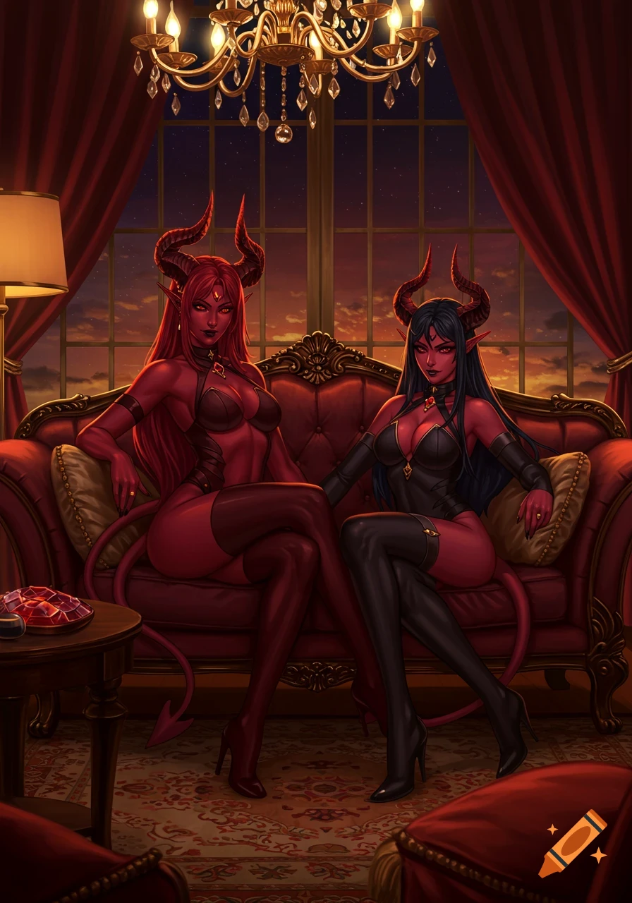 Two red-skinned demon women with horns and tails in dark outfits sit on a red couch in a lavish living room at sunset, anime style.