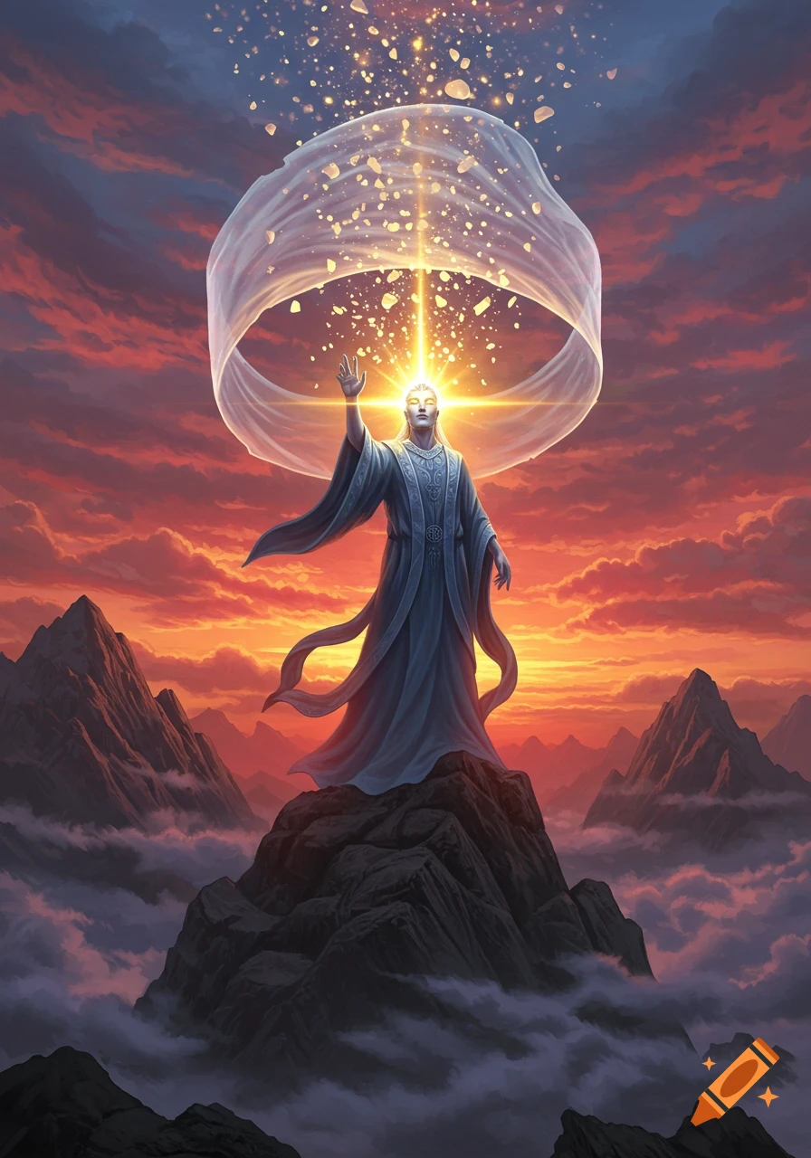 Digital illustration of a glowing god-like figure on a mountain peak at sunset, shattering a translucent sheet into golden particles.