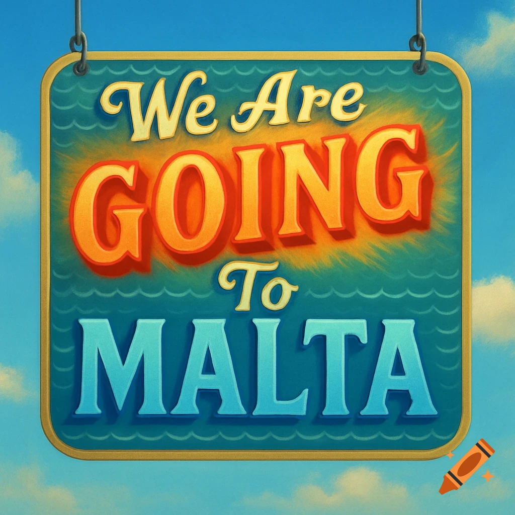 A colorful vintage-style sign with text 'We Are GOING To MALTA' hanging against a blue sky, 'GOING' is orange, 'MALTA' is blue.