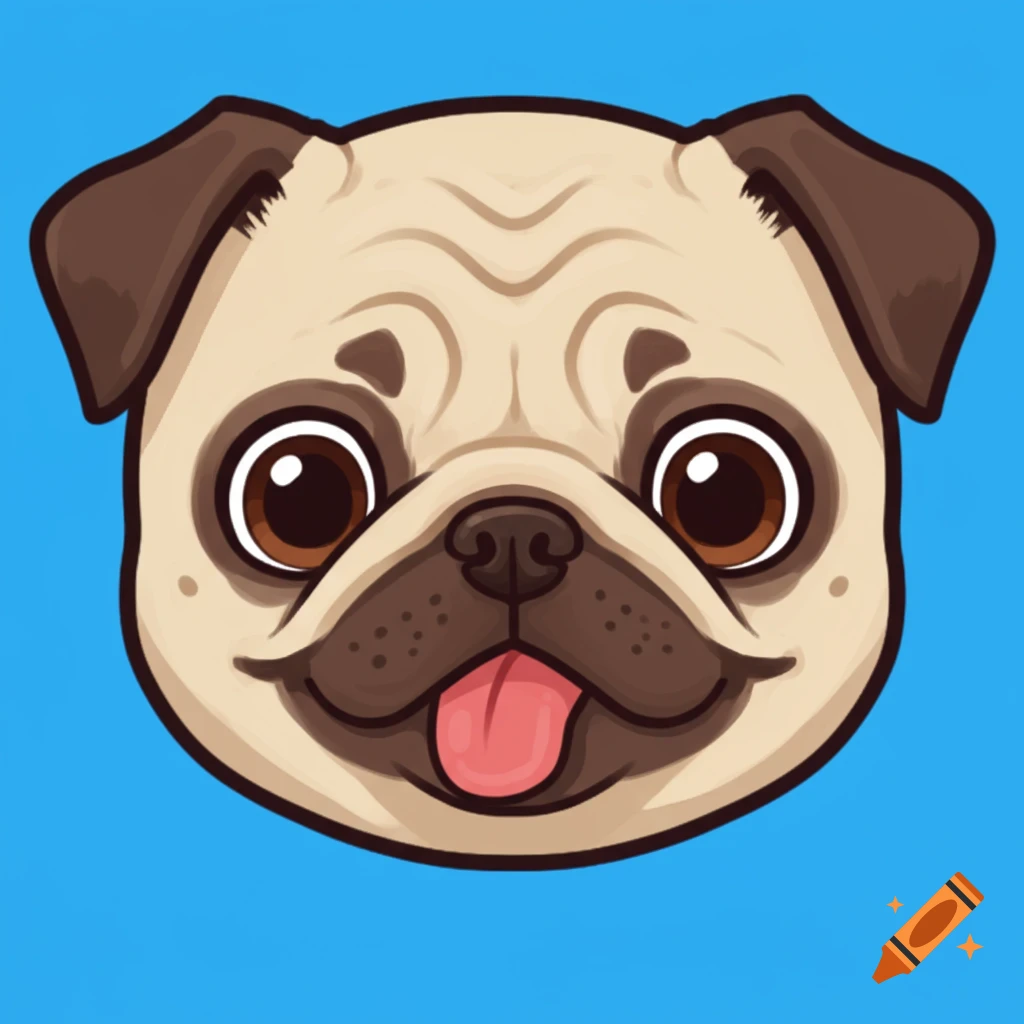 A cute cartoon pug head with a light brown face, dark brown ears, and a pink tongue sticking out, set against a solid blue background.