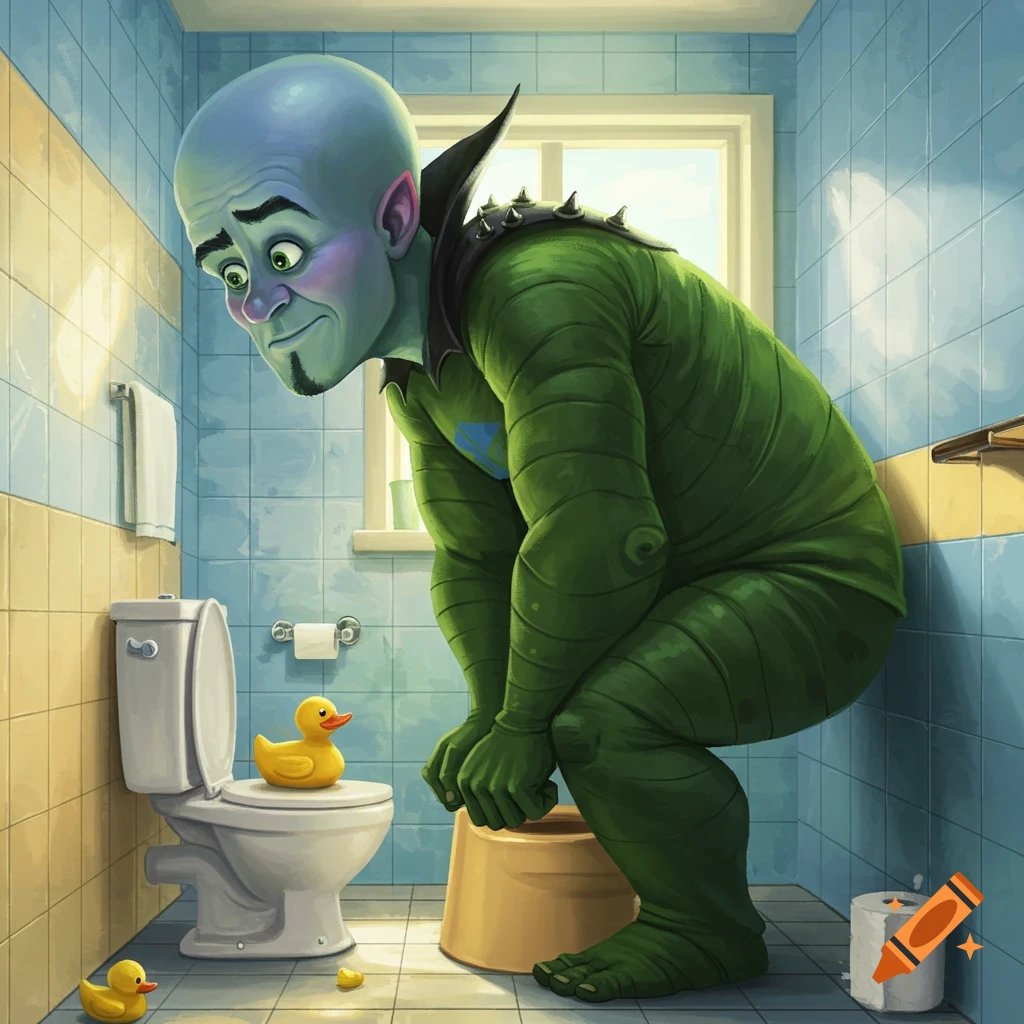 A large, blue-skinned character resembling Megamind, in a green suit, squats over a small potty in a tiled bathroom, looking at a rubber duck on the toilet.