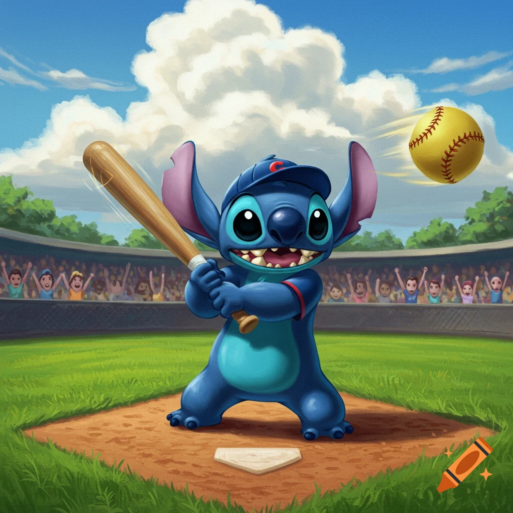 Stitch, the blue alien character, plays baseball on a field, holding a bat as a softball flies towards him. A stadium crowd is in the background.