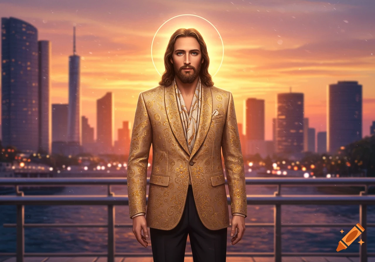 Jesus in a golden patterned designer suit stands by a railing overlooking a modern city skyline at sunset.