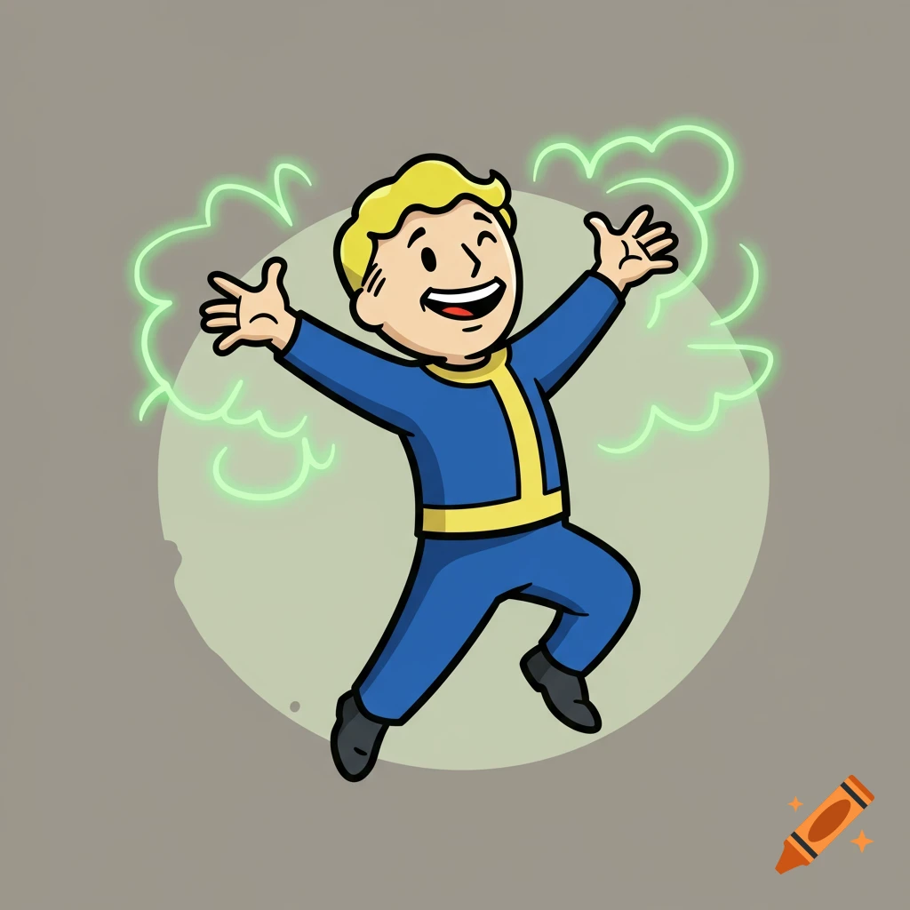 Vault Boy in a blue and yellow jumpsuit jumping happily with green plasma effects around him, cartoon style.