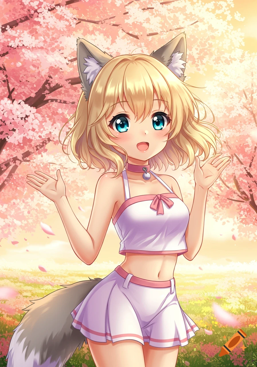 An anime girl with blonde hair, blue eyes, wolf ears, and a wolf tail, wearing a crop top and skirt, stands in a field of cherry blossoms.