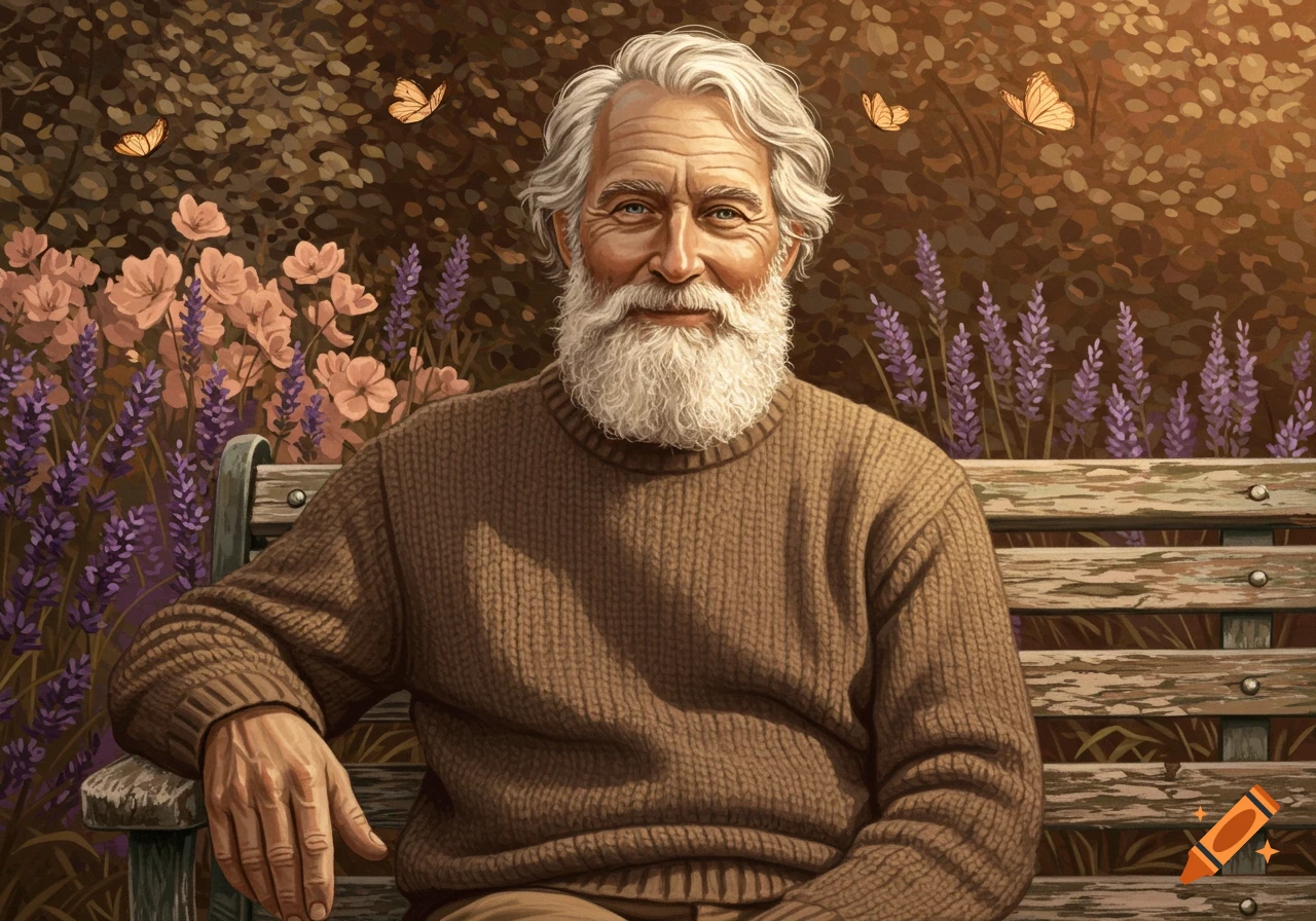 A painterly illustration of a smiling, bearded elderly man with white hair sitting on a wooden bench in a garden filled with lavender and butterflies.