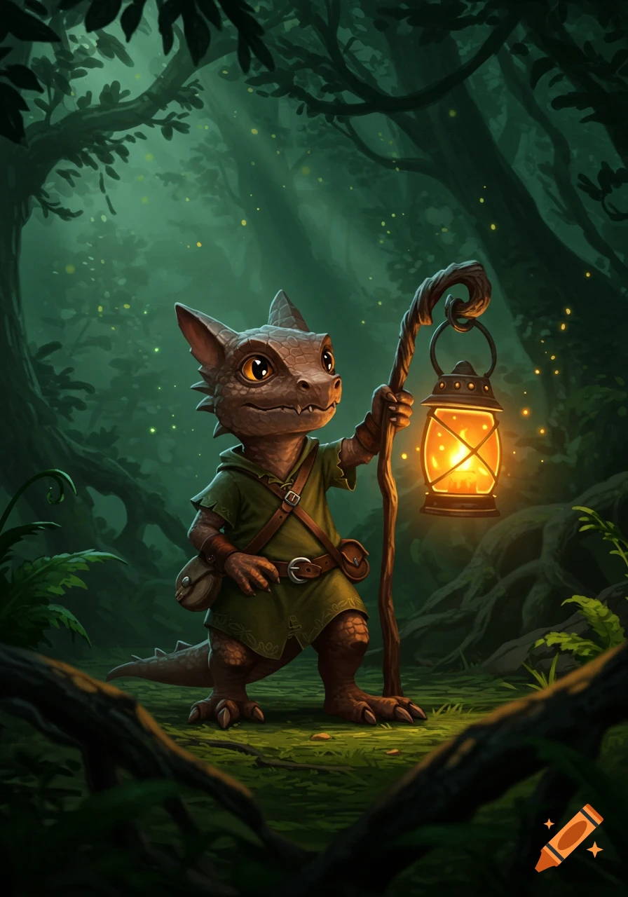 A cute, brown, dragon-like creature (kobold) in a green tunic holds a glowing lantern and staff in an enchanted forest.