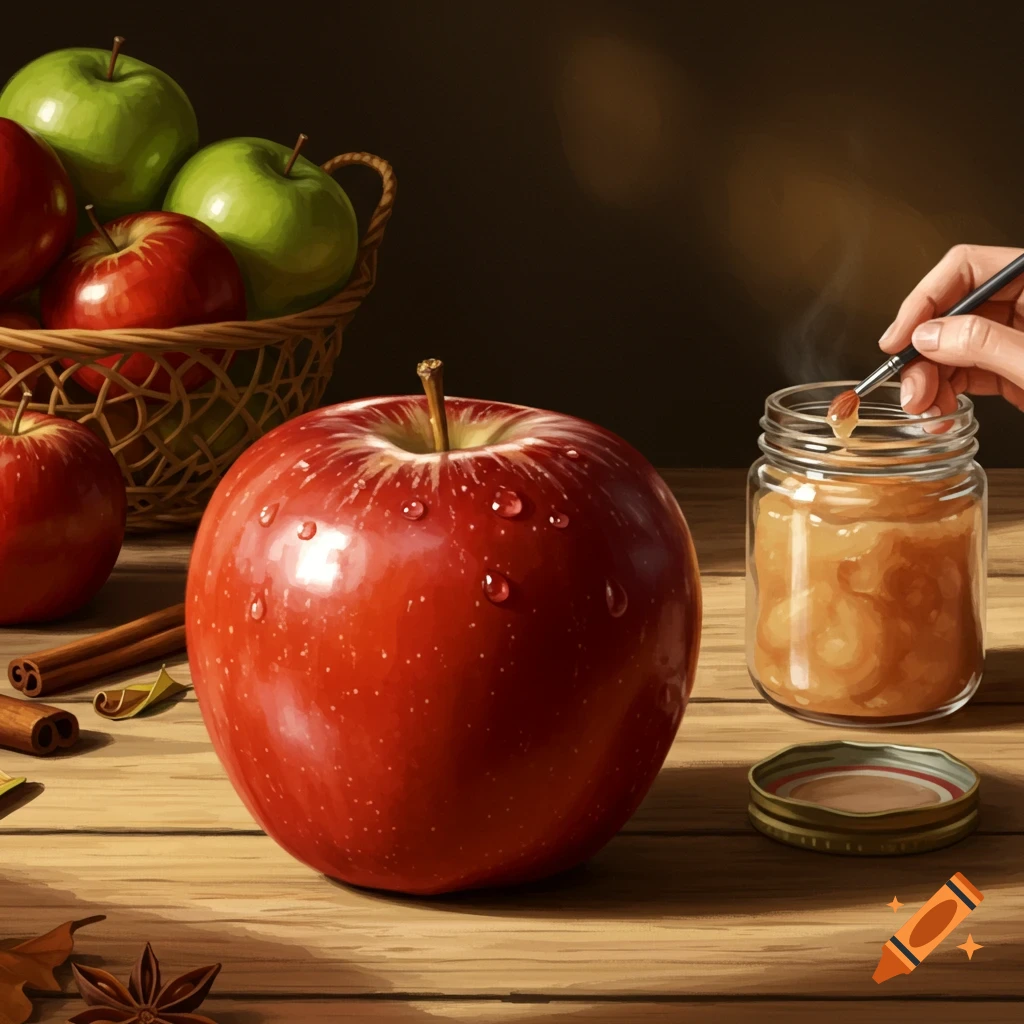A still life painting featuring a large red apple with water droplets, green and red apples in a basket, cinnamon sticks, and a hand dipping a paintbrush into a jar of applesauce on a wooden table.