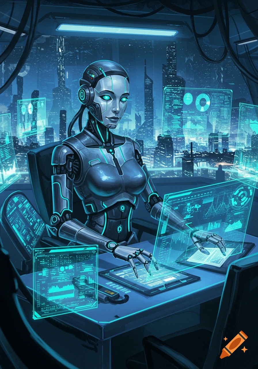 A female robot with glowing blue eyes works at a desk surrounded by holographic data screens in a futuristic cityscape.