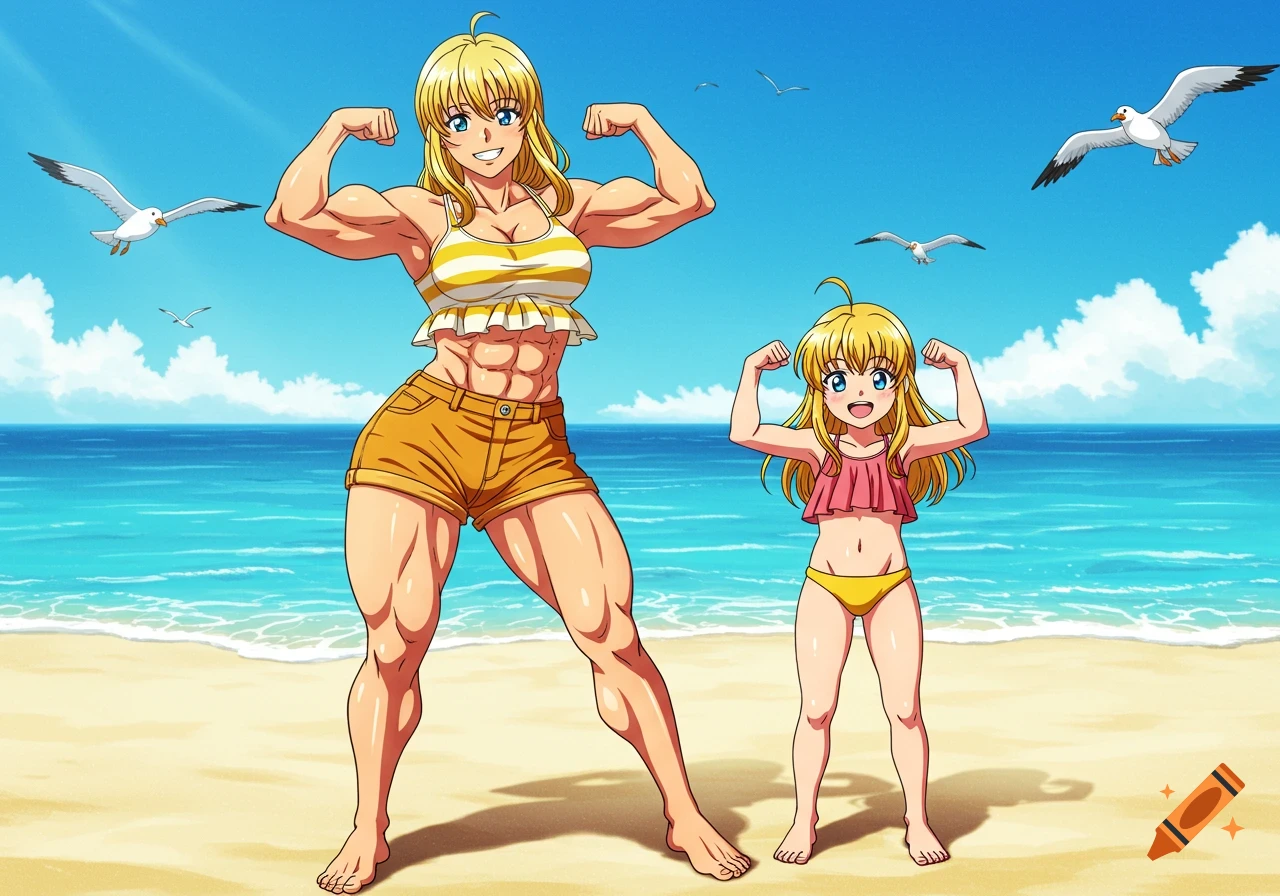 Anime-style muscular woman and girl flexing on a sunny beach with the ocean and seagulls.