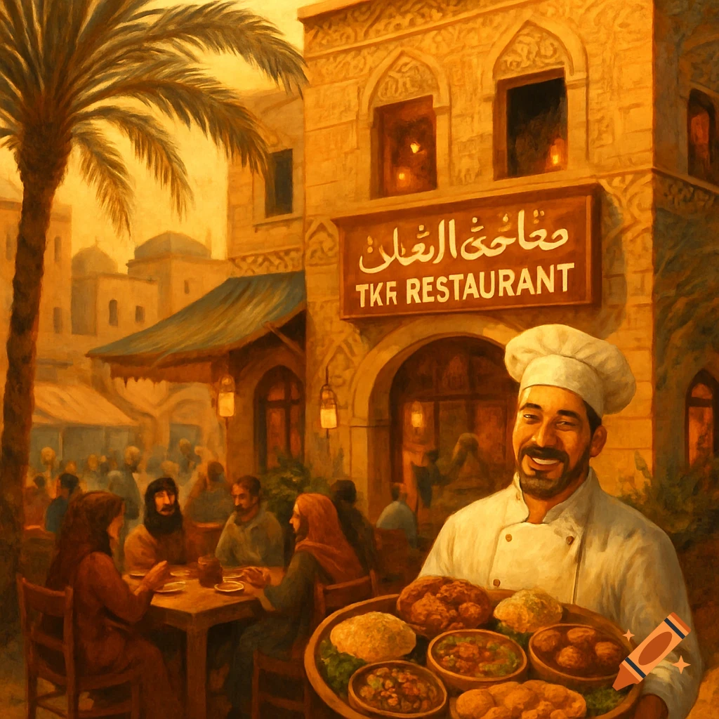 A smiling chef holds a tray of food in front of a Middle Eastern-style restaurant with outdoor seating. A sign reads "TKR RESTAURANT" and Arabic script.