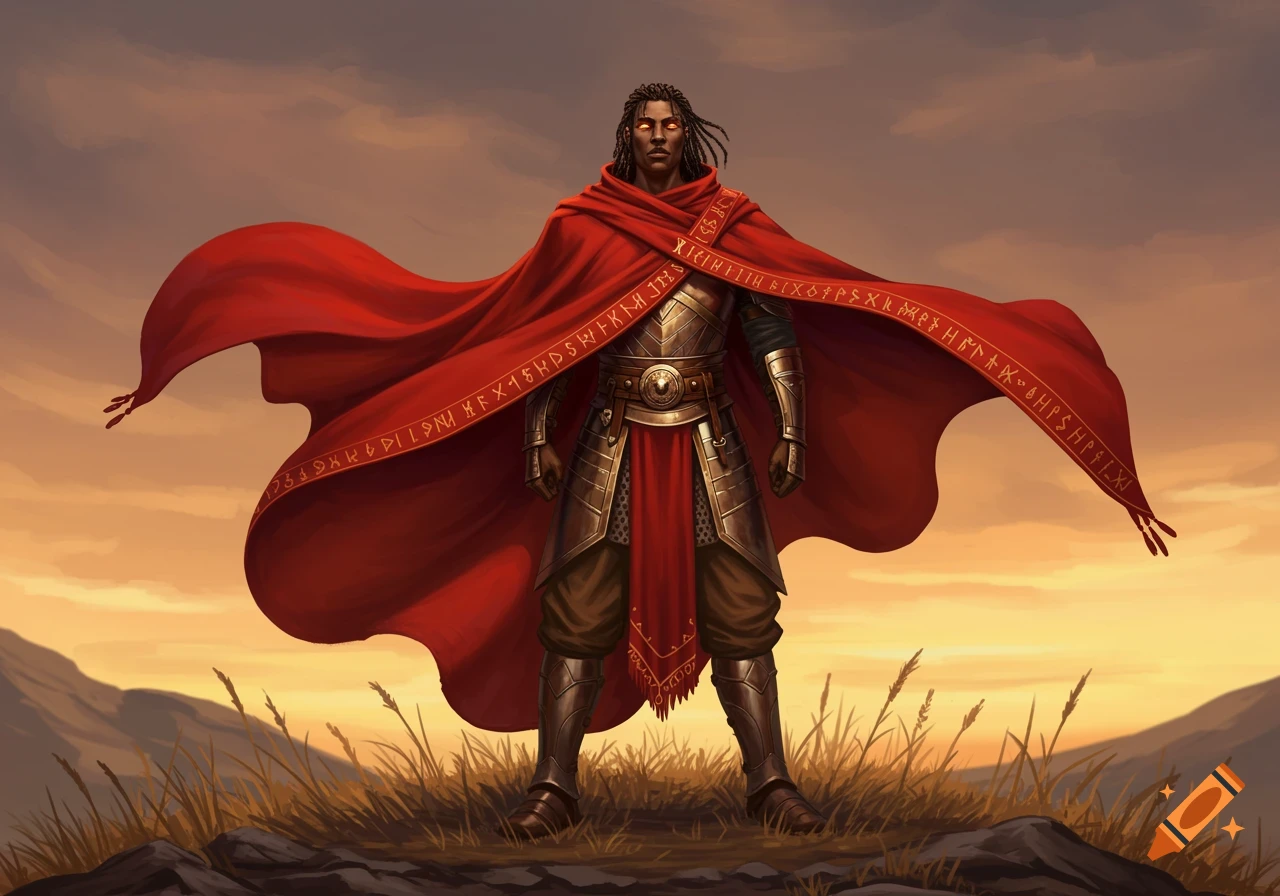 A dark-skinned fantasy warrior with dreadlocks and glowing eyes in a red cloak and armor stands on a hill at sunset, digital painting.