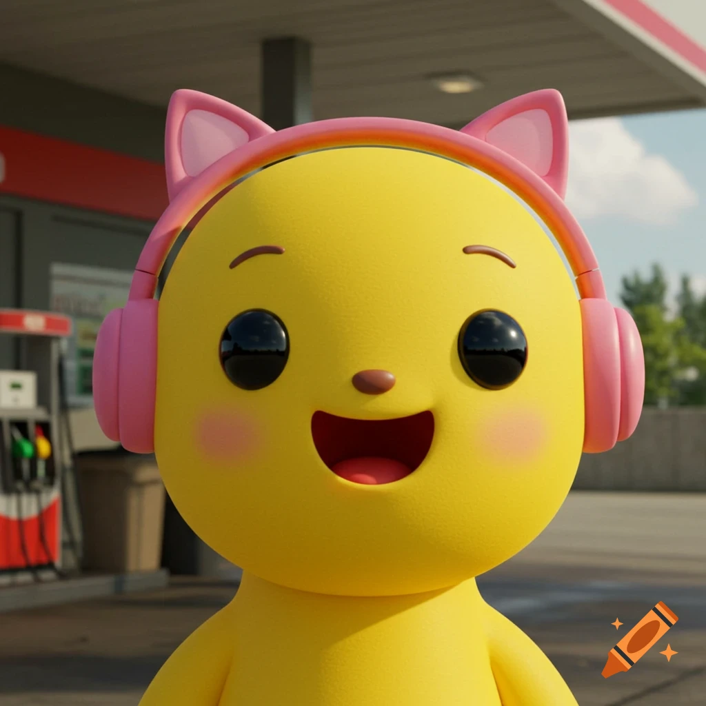 A cheerful yellow cartoon character wearing pink cat-ear headphones stands in front of a gas station.