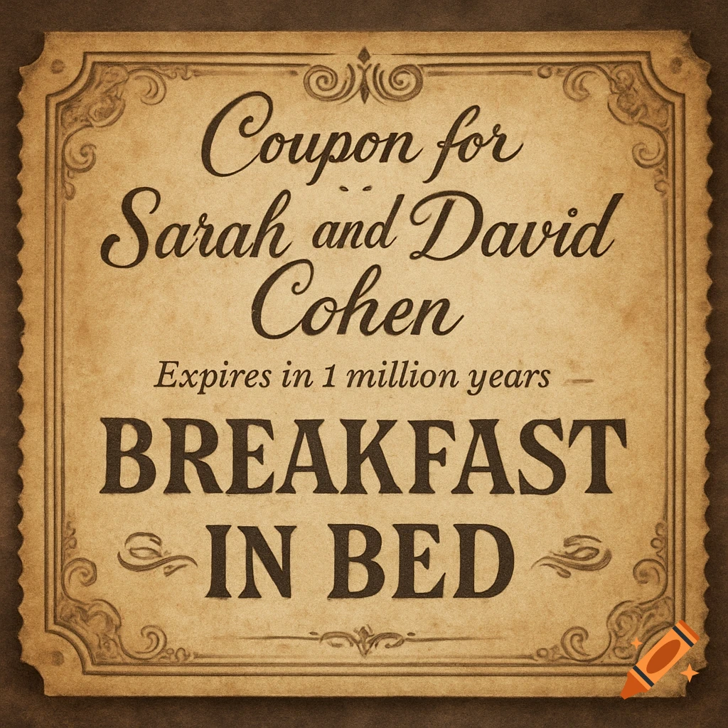 Vintage-style coupon for 'Breakfast in Bed' for Sarah and David Cohen, expiring in 1 million years.