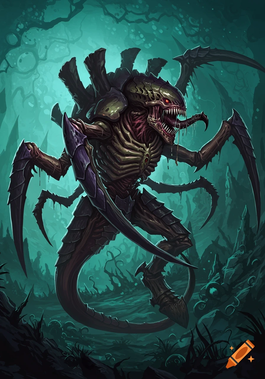 A monstrous, insectoid alien with sharp teeth and claws stands rearing up against a dark teal, bioluminescent background in a digital art style.
