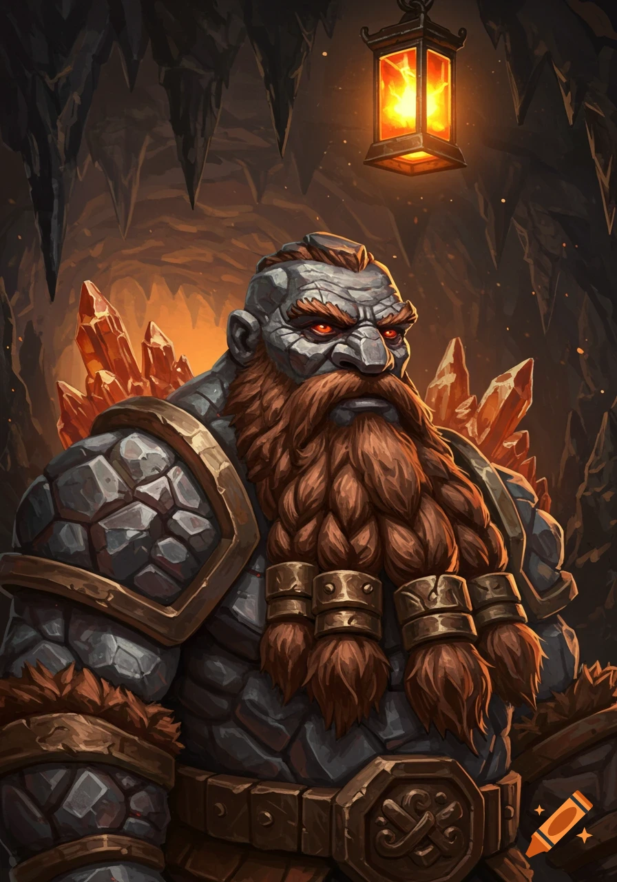 A formidable rock-skinned dwarf with a large braided orange beard and glowing red eyes stands in a dark cave illuminated by a lantern.