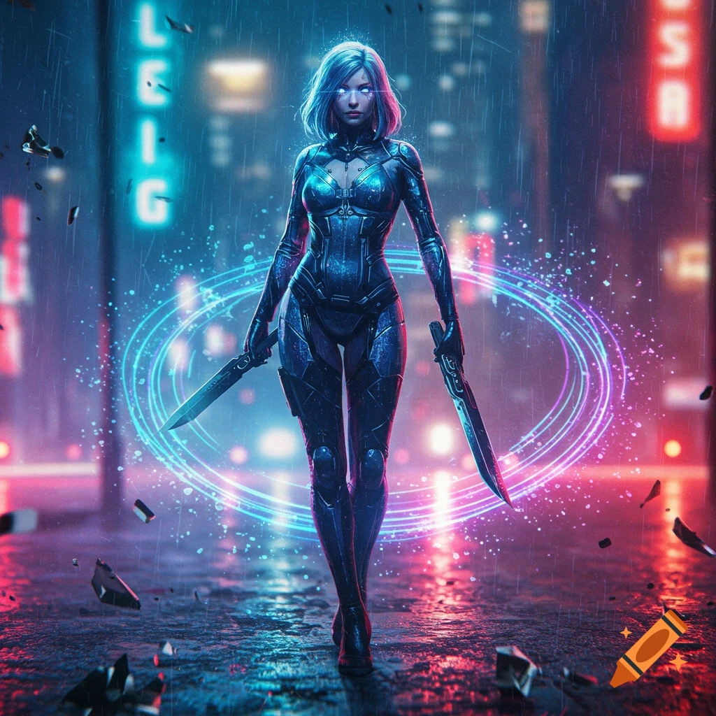A woman in a futuristic suit holding knives stands in a rainy cyberpunk city with neon lights.