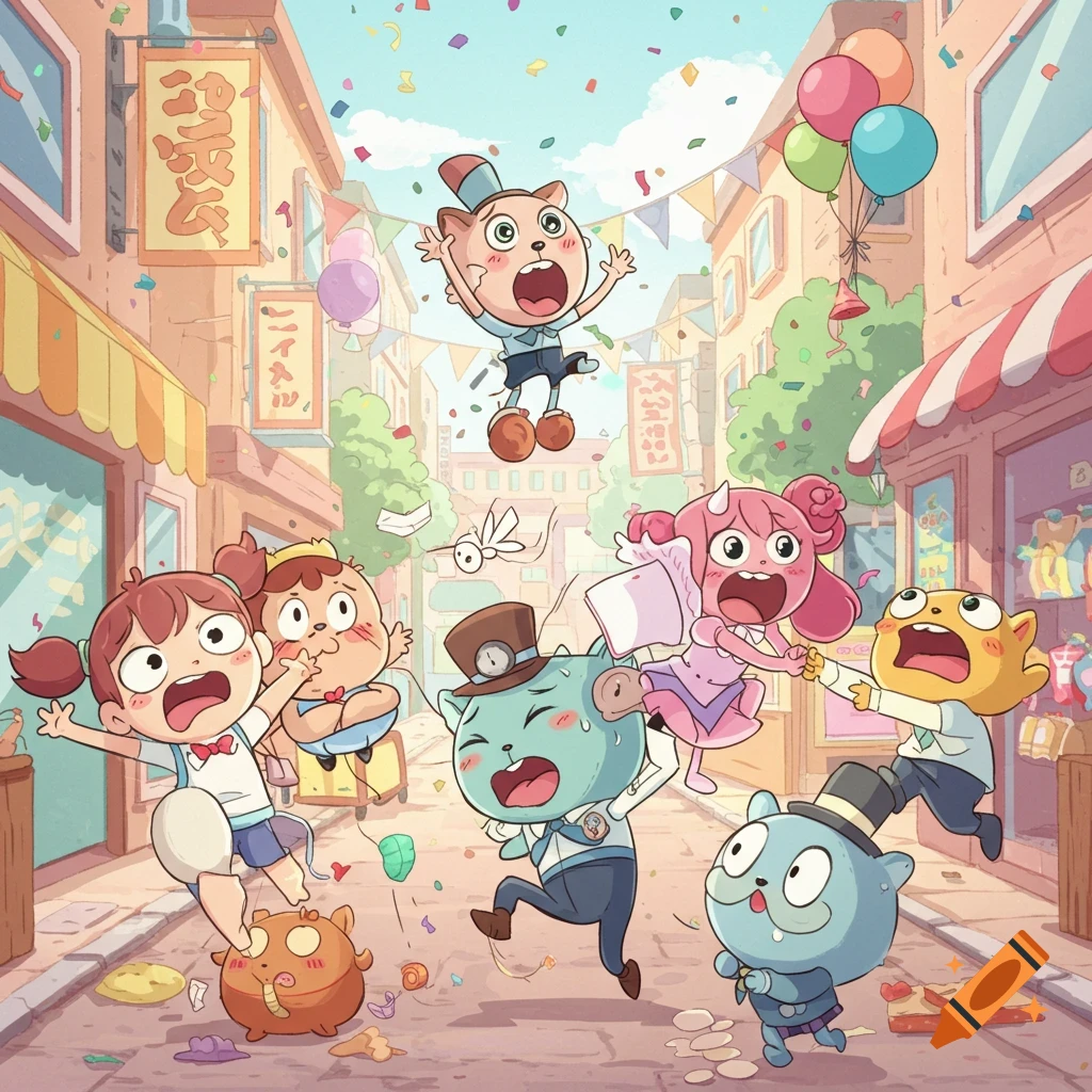 Cartoon of various anthropomorphic animals and a girl in a chaotic, celebratory street scene with confetti, balloons, and scattered items.