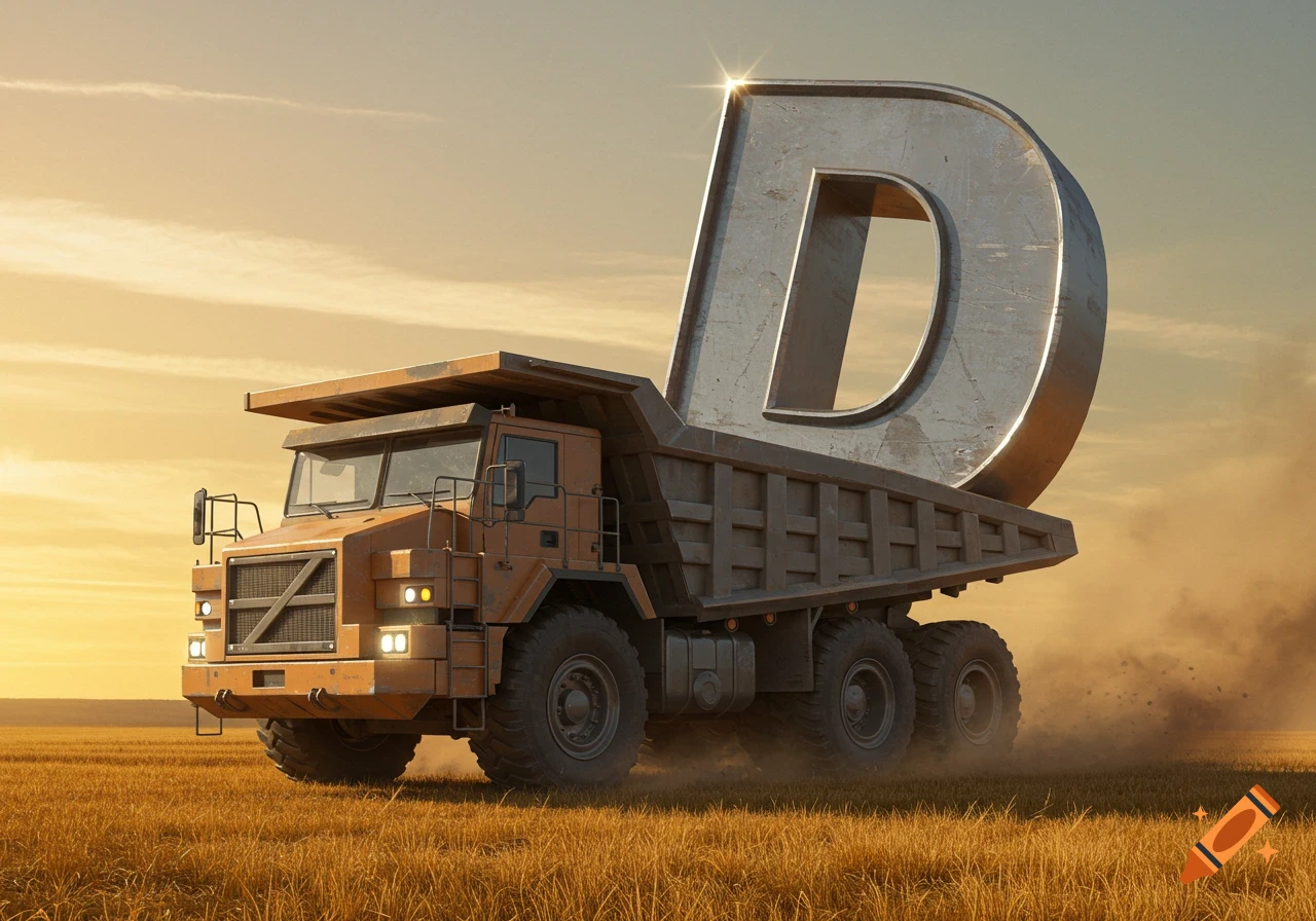 A large yellow dump truck carries a huge silver letter D through a grassy field under a sunny sky.