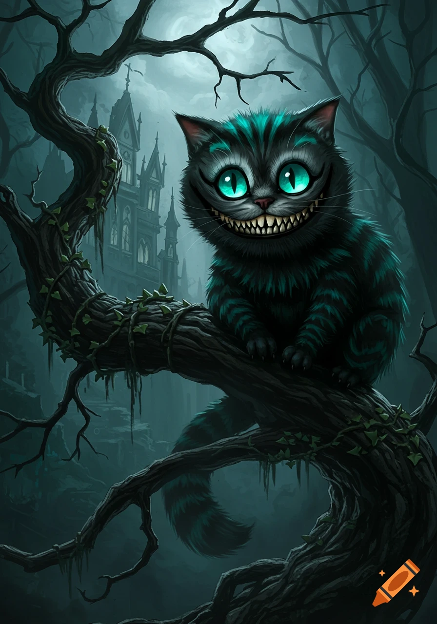 A creepy gothic Cheshire Cat with glowing blue eyes and a wide grin sits on a dark, gnarled tree branch, with a mysterious castle in the misty background.