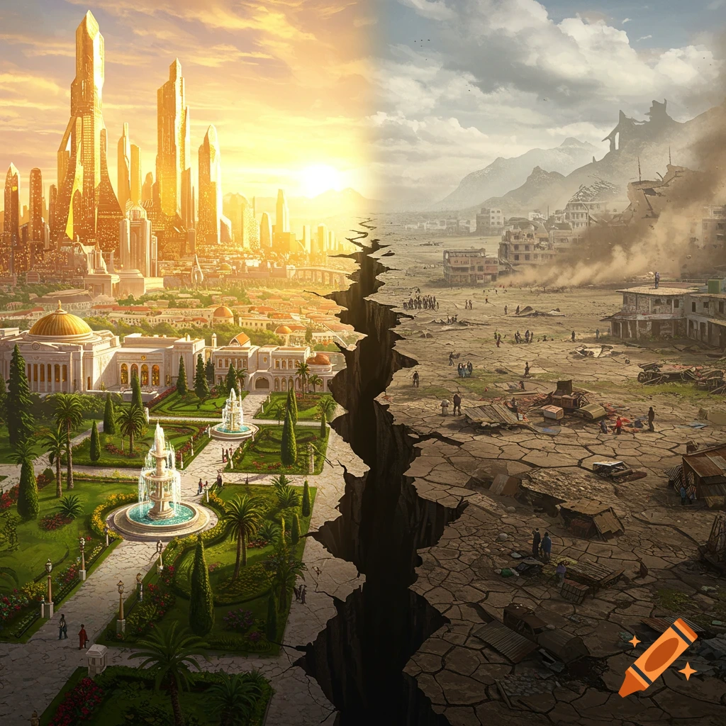 A world split down the middle by a chasm, with a golden futuristic city on one side and a desolate wasteland on the other.