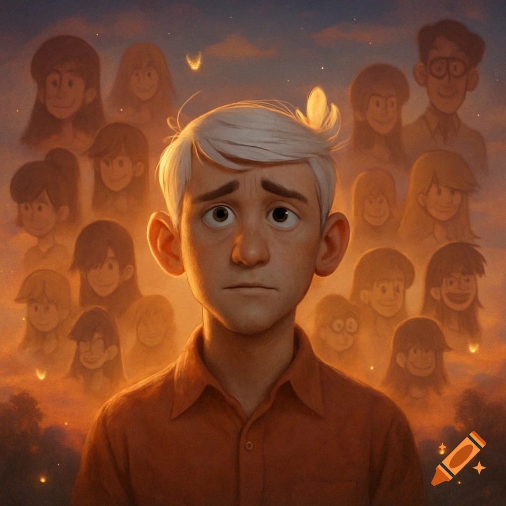 An adult Lincoln Loud looking sad against a sunset sky, with many faint cartoon faces of his family floating in the background.