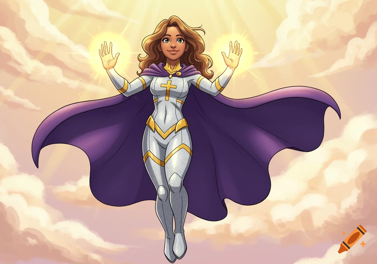 A cartoon Christian superhero girl with brown hair and a purple cape floats in the clouds, her hands glowing with light.