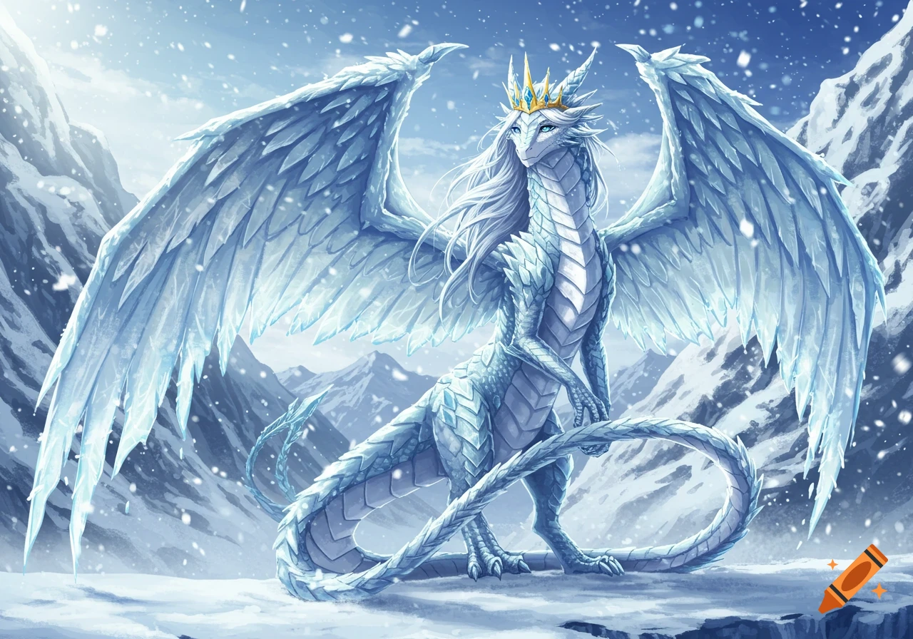 An anime style ice dragon queen with a golden crown and large icy wings stands in a snowy mountain landscape.