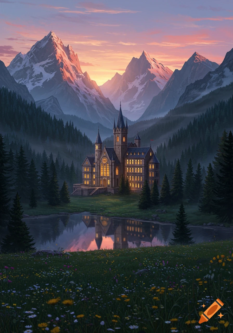 A grand castle with glowing windows reflects in a still lake, surrounded by towering, snow-capped mountains and a lush forest at sunset.
