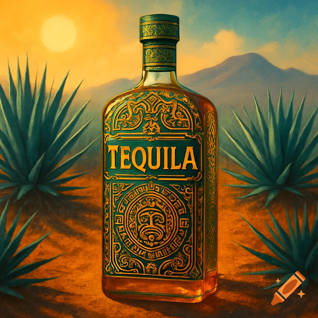 An ornate tequila bottle with 'TEQUILA' on the label stands among agave plants in a desert landscape at sunset, in an illustrative style.