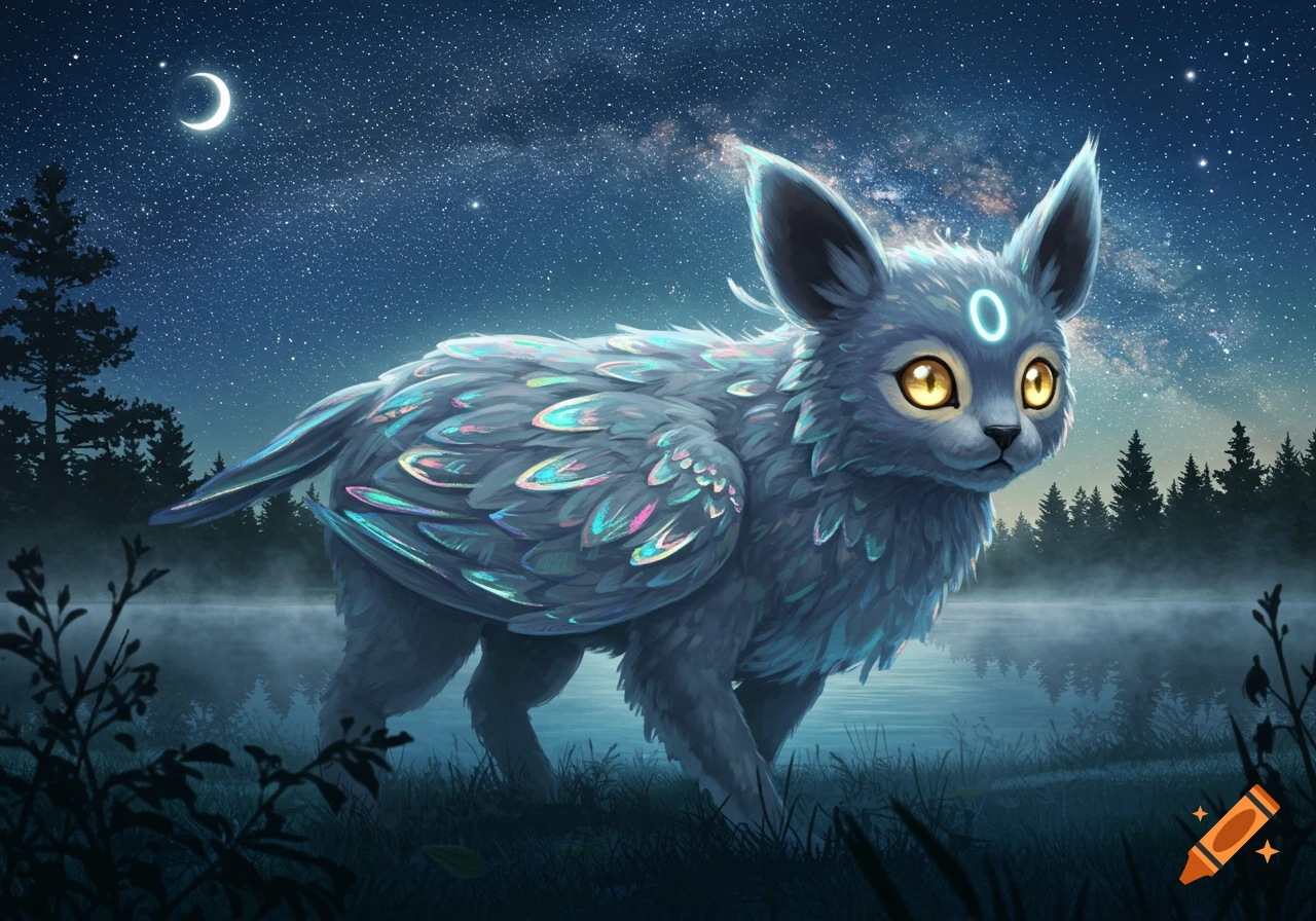 A fantasy creature with iridescent feathers, bright yellow eyes, and a glowing blue symbol on its forehead stands by a misty lake at night.