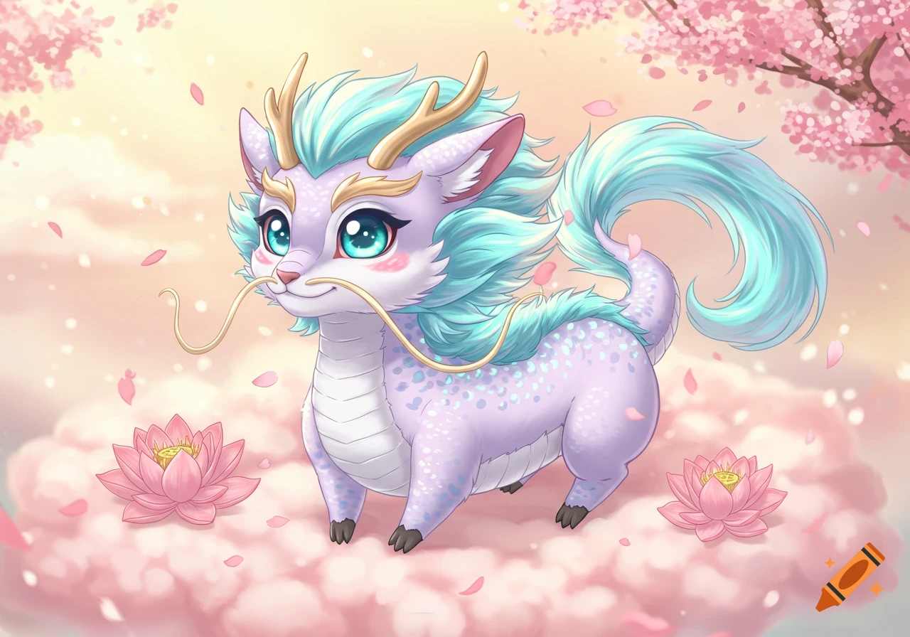 A cute, light purple and blue chibi Qilin, a Chinese mythical creature, floating on pink clouds among cherry blossoms and lotus flowers.